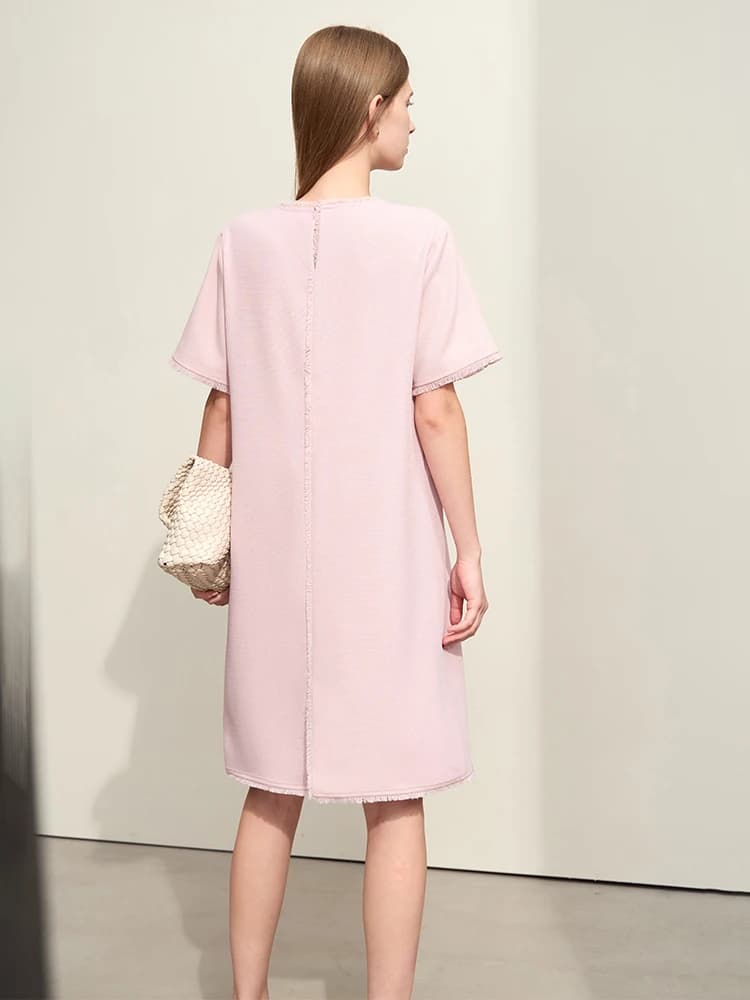Amii-Robe mi-longue droite à manches courtes pour femmes, robes minimalistes, pompon épissé, léger, 