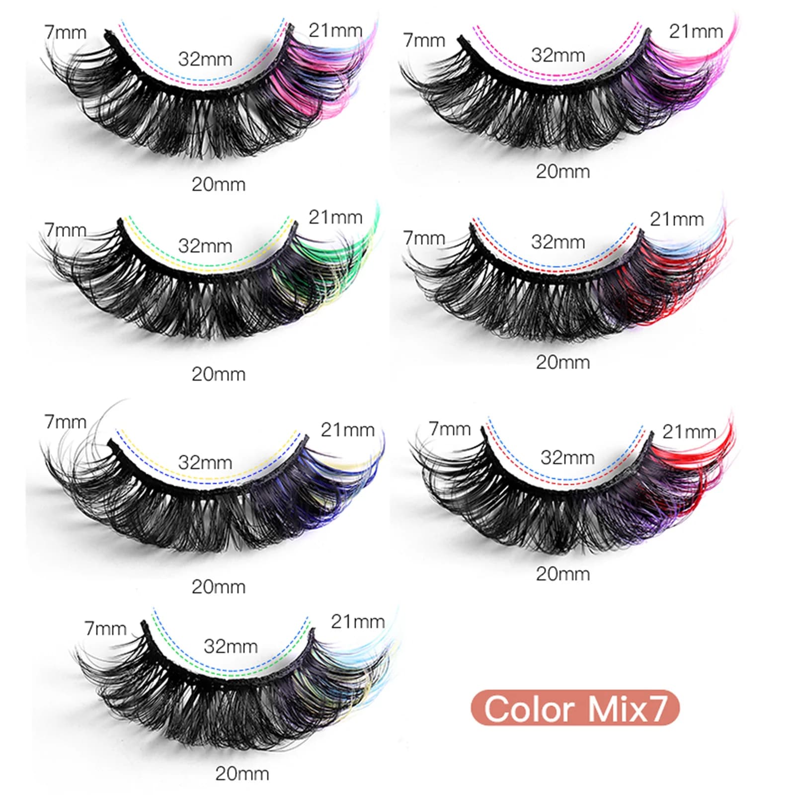 7 paires de cils colorés moelleux Faux cils de vison avec couleur, Volume de boucle D dramatique Lon