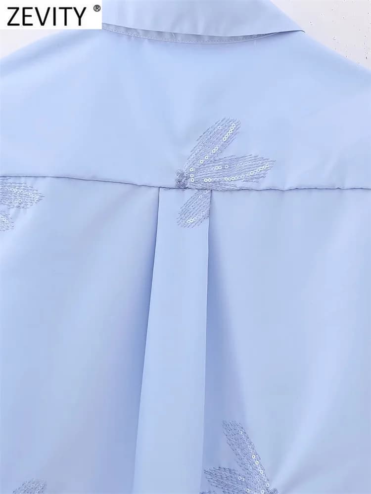 Zevity femmes mode paillettes fleur broderie courte Smock Blouse bureau dames Chic à manches longues
