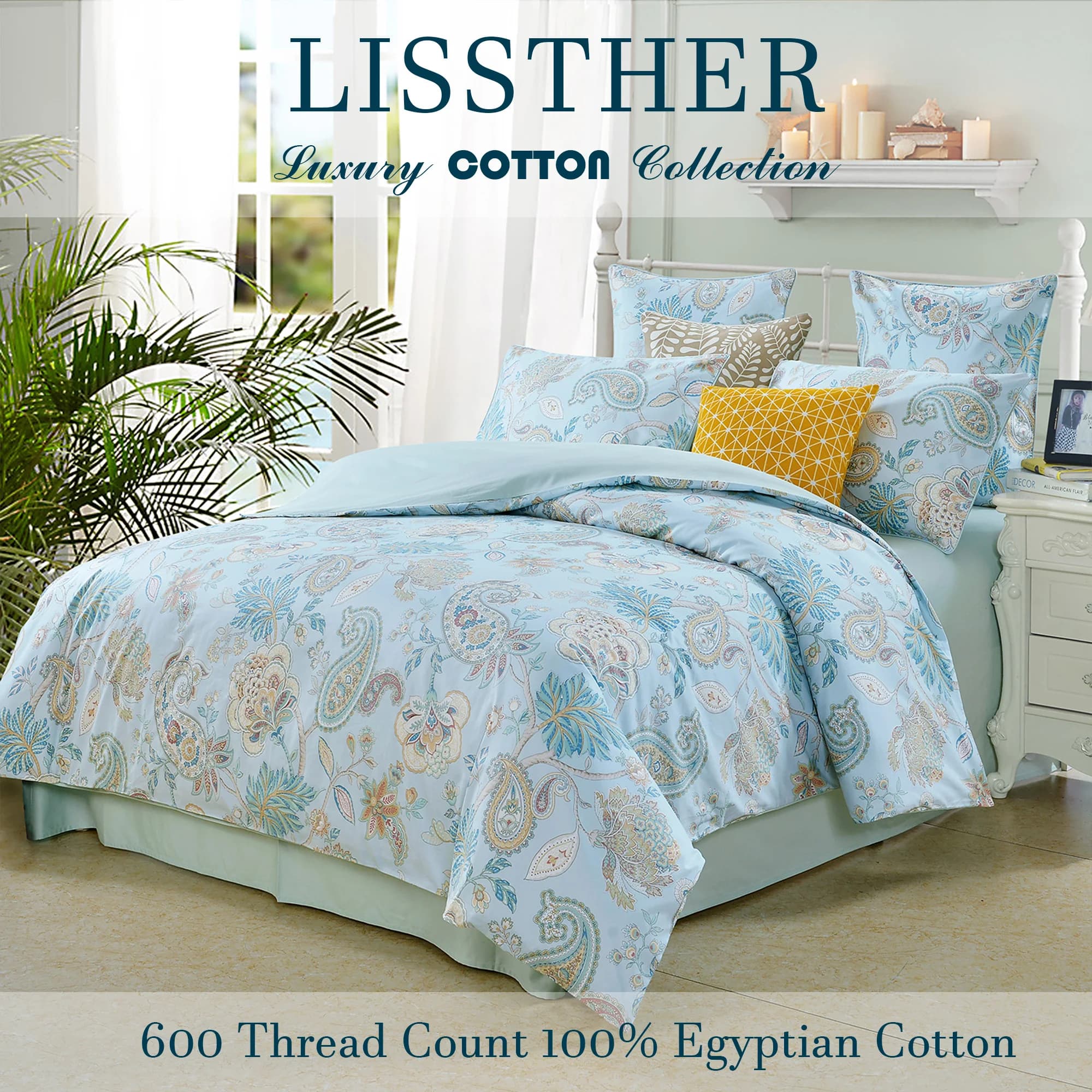 Ensemble de housses de sport en coton égyptien 600 TC 100%, sans noyau, motif floral de jardin bleu 