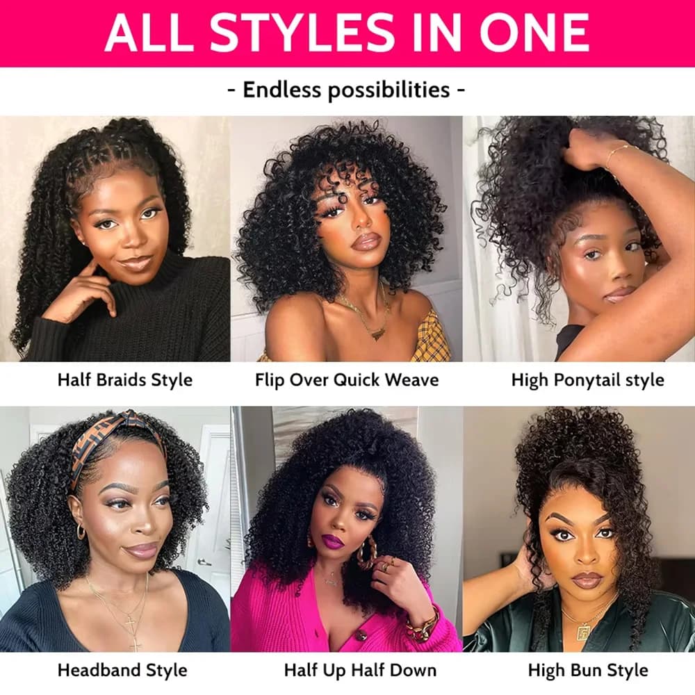 Demi-perruque de cheveux humains 3 en 1, sans colle, avec cordon de serrage, bandeau crépu et bouclé