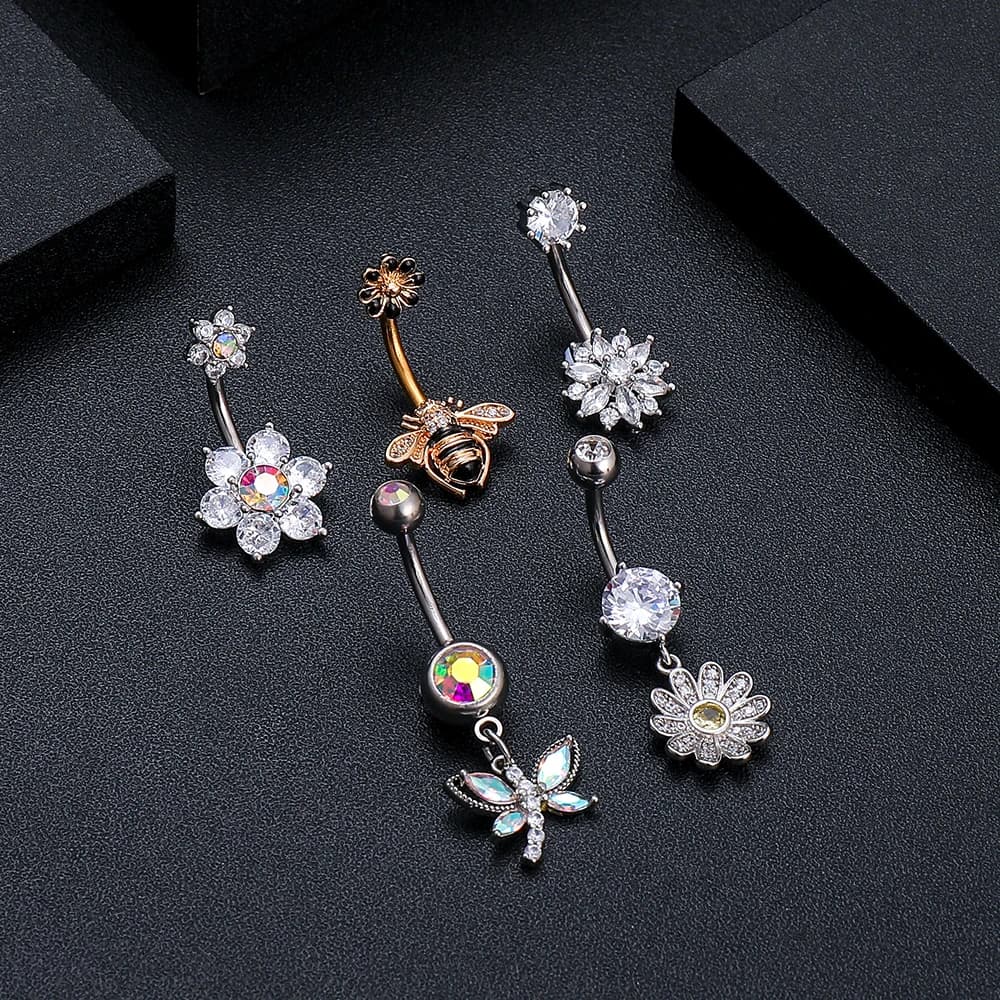 6 pièces longue fleur suspendue papillon abeille Nombril anneau ensembles couleur or corps Nombril P