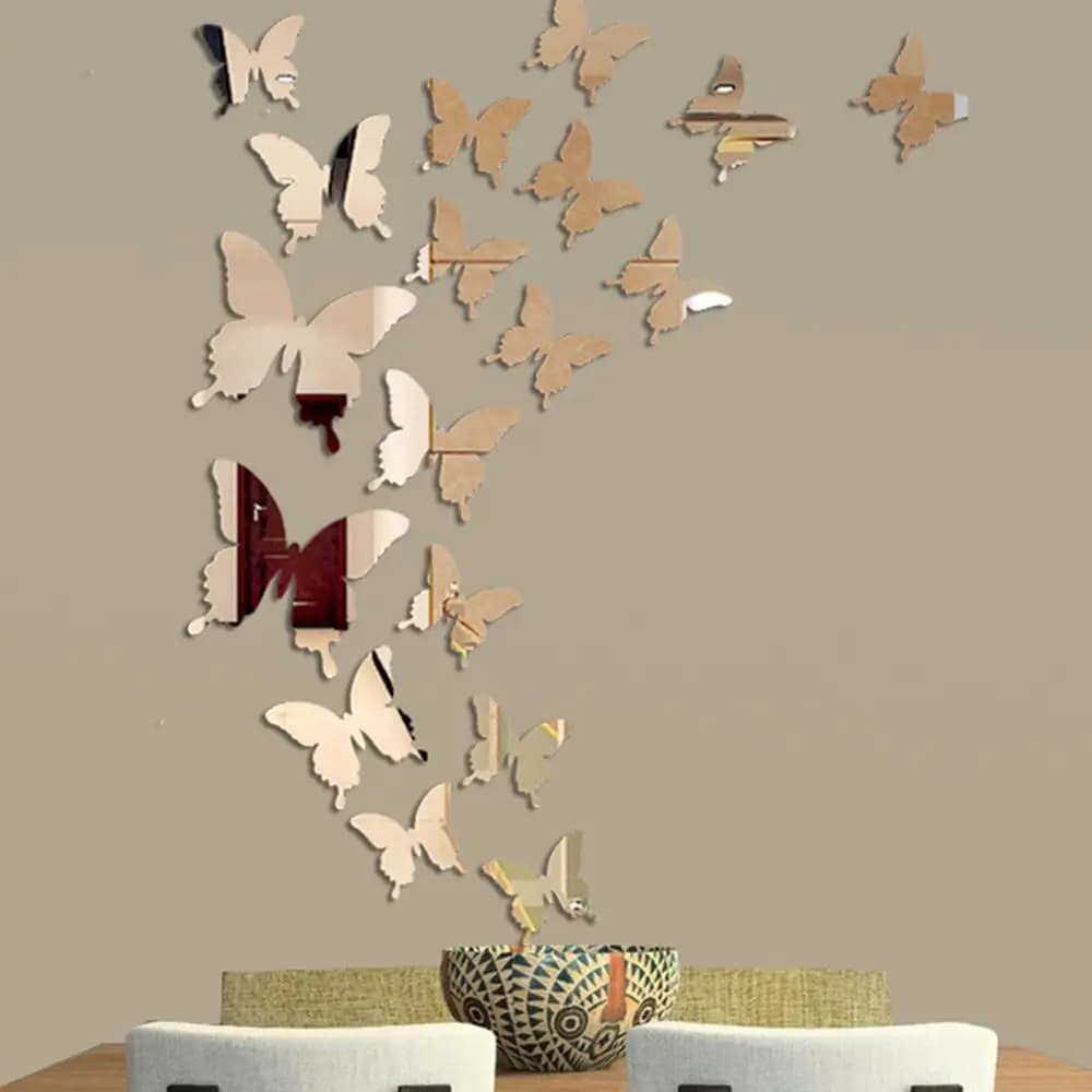 Autocollant mural miroir papillon 3D, 12 pièces/lot, décalcomanie, art parfait, décoration de mariag