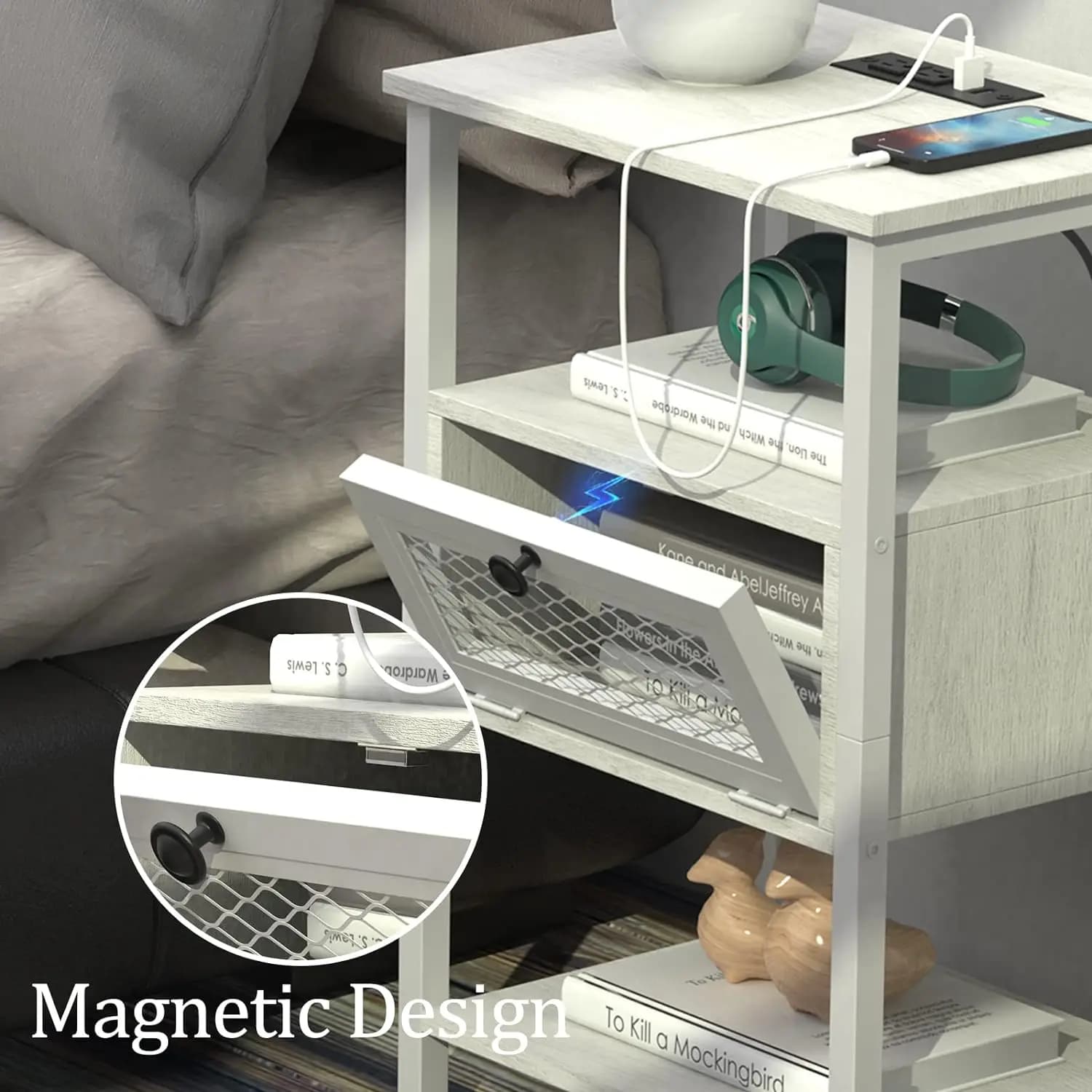Ensemble de table de chevet avec station de charge, rangement à rabat, table de chevet pour chambre
