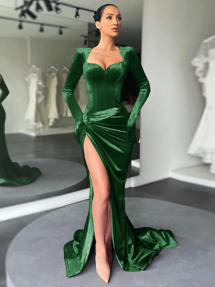 Robe longue cryptographique élégante, tenue de soirée pour femmes, manches gants, velours, fente Sex