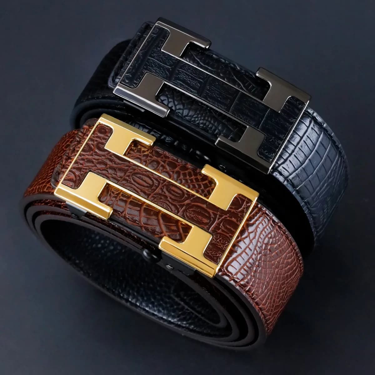 Ceinture élégante à boucle automatique pour hommes – Véritable motif carré texturé en faux, noir, de