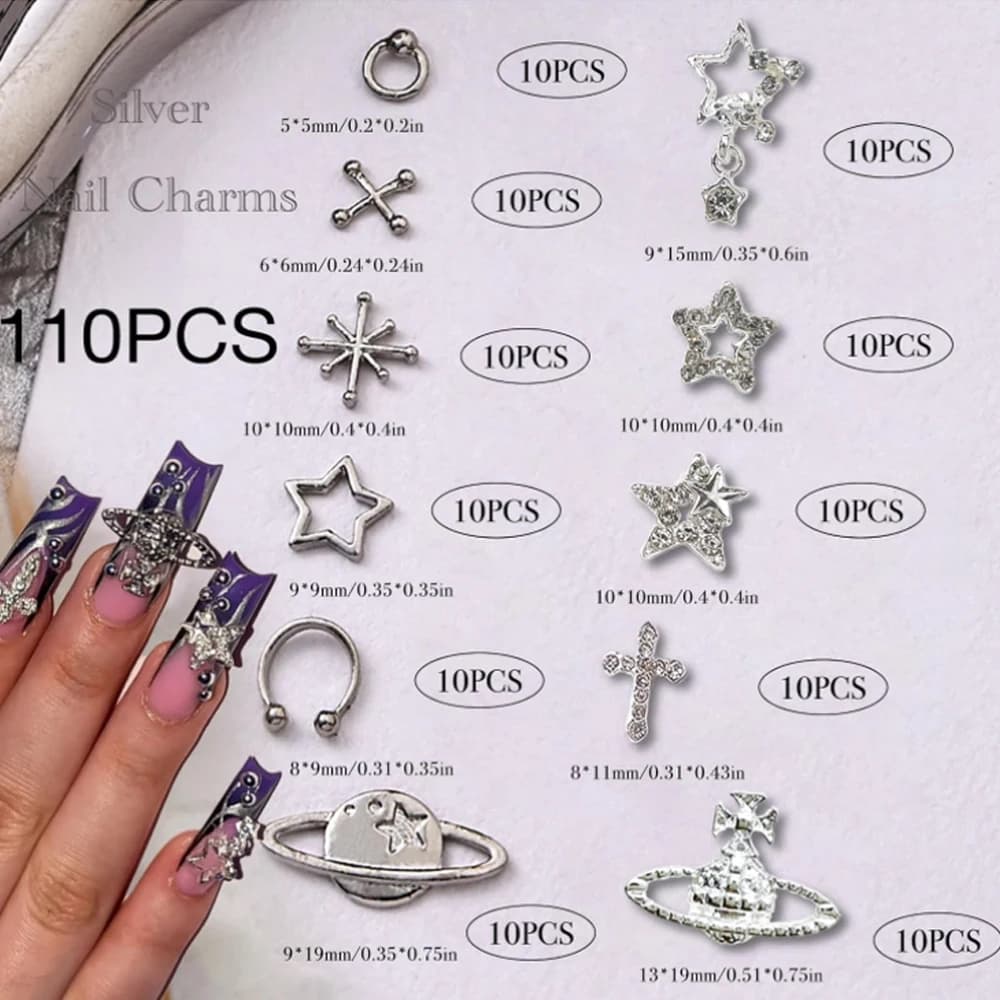 Breloques pour ongles en forme d'étoile, 110 pièces, décoration pour Nail Art en alliage, étoile arg