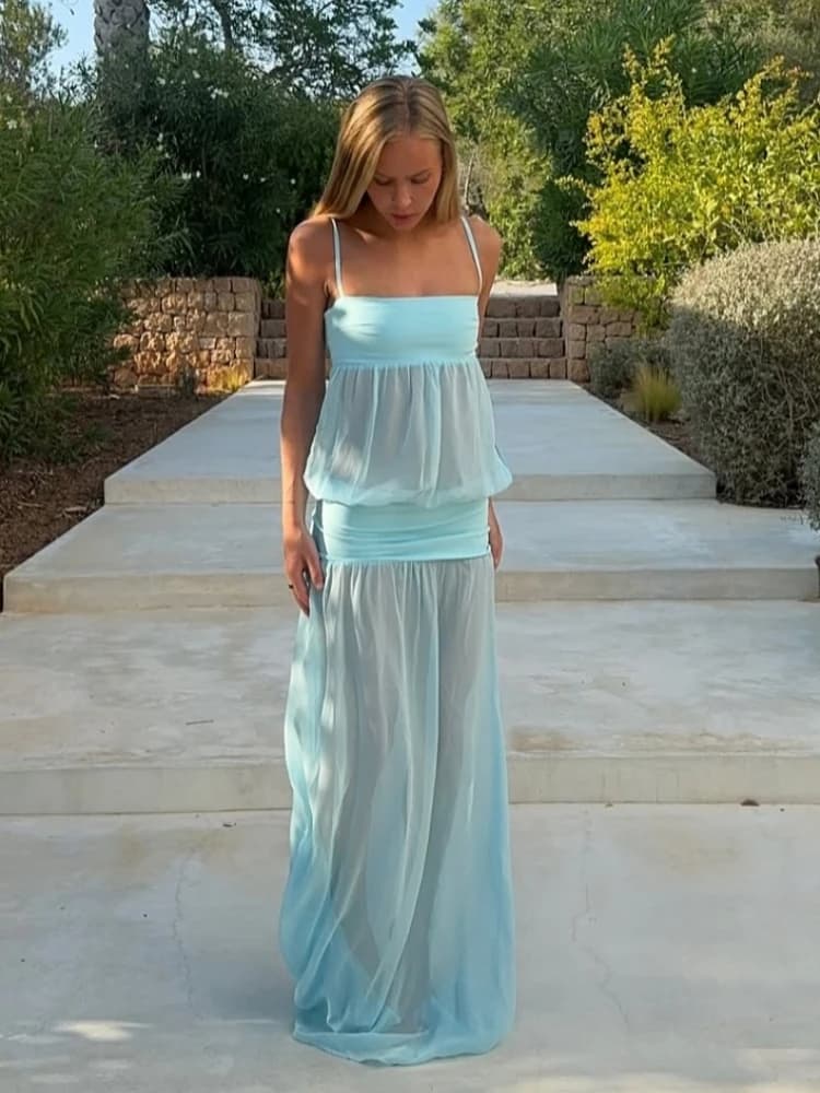 Robe longue sexy à fines bretelles, patchwork, ajourée, sans manches, transparente, moulante, pour f