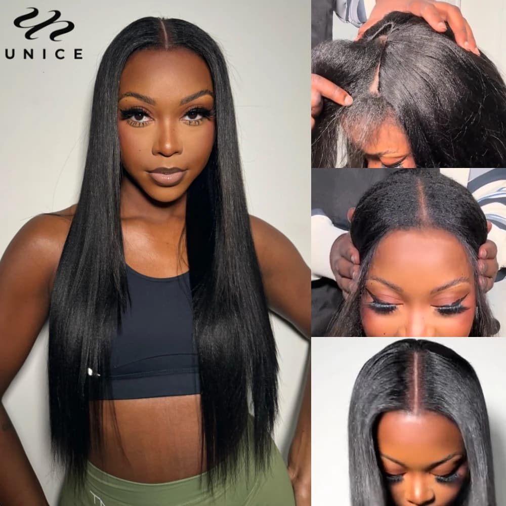 UNice InvisiBlend ™   Yaki droite V partie perruque avec cordon couleur naturelle 100% perruque de c