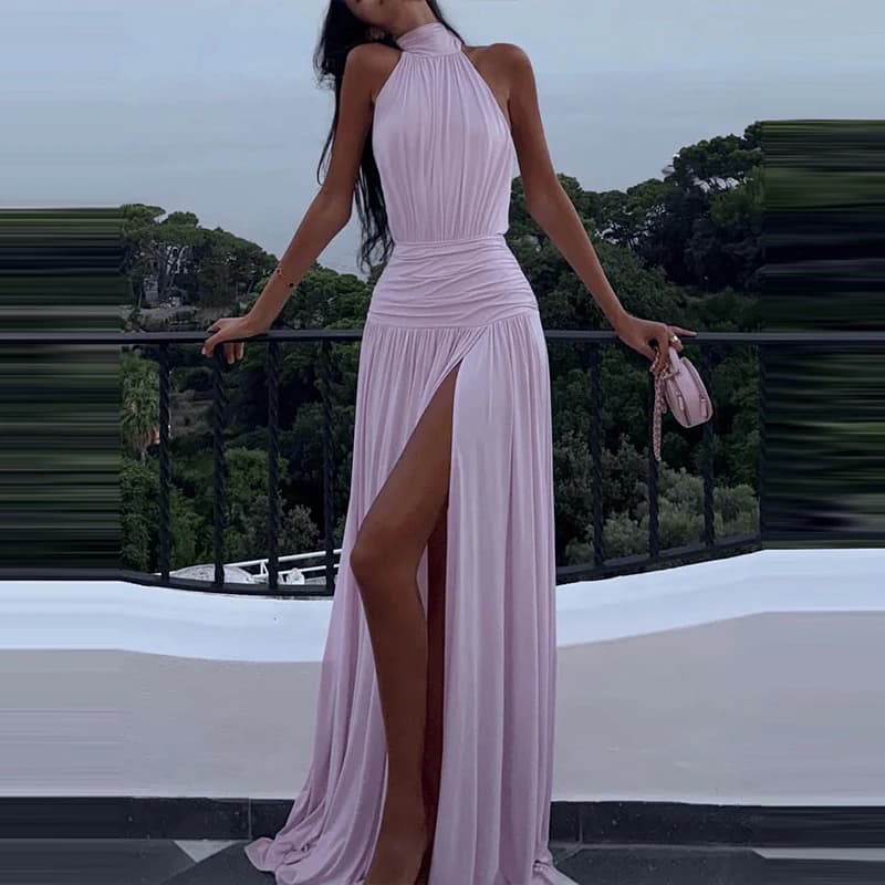Robe de soirée d'été ajourée, sans manches, taille haute, mode, dos nu, couleur unie, longue, Sexy, 
