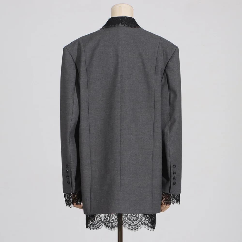 VGH-Blazer Chic en Dentelle Épissée pour Femme, Col Cranté, Manches sulf, Style de Vêtement Féminin