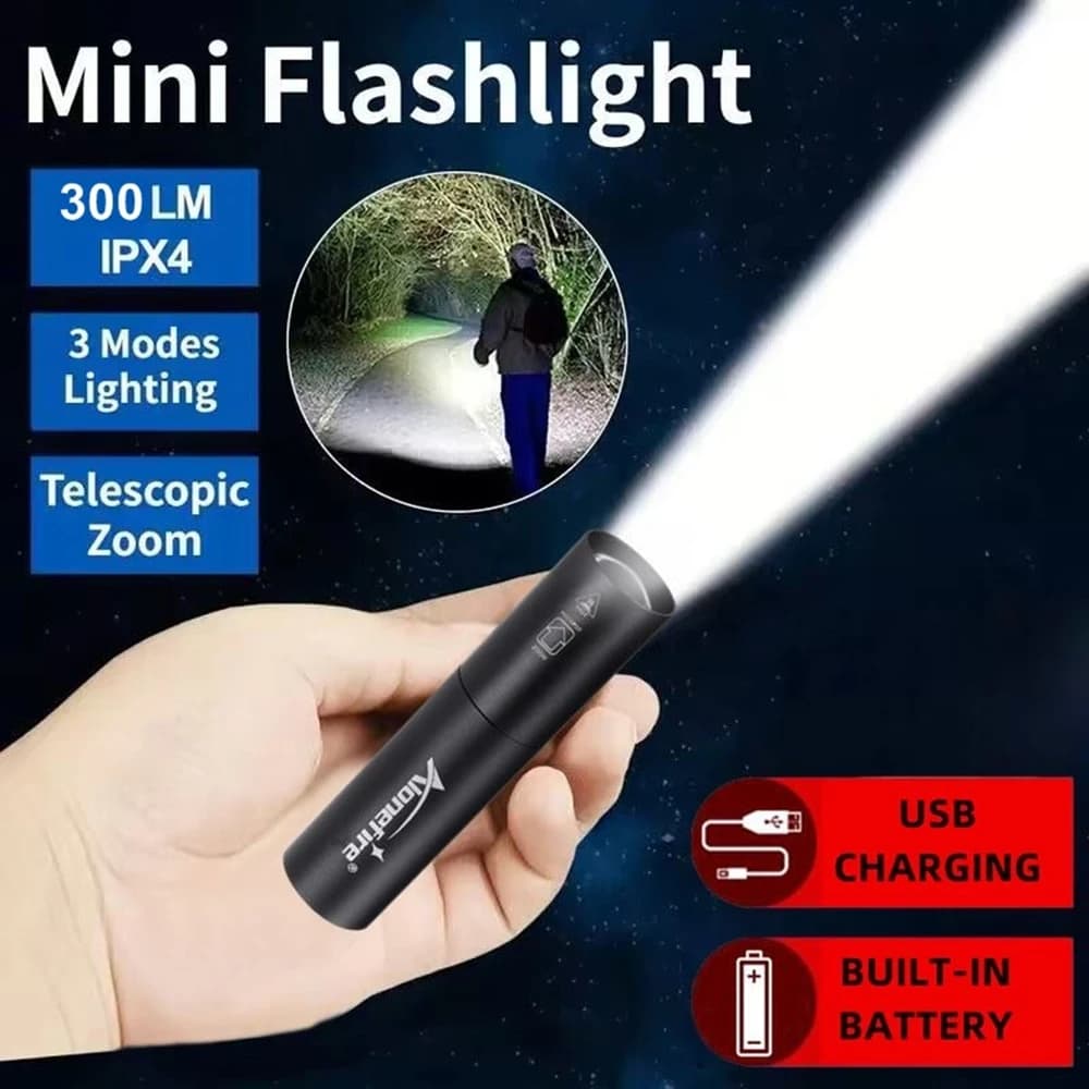 Mini lampe de poche aste avec petite l'hypothèse Zoom, éclairage lumineux, sac à dos, lumière strobo