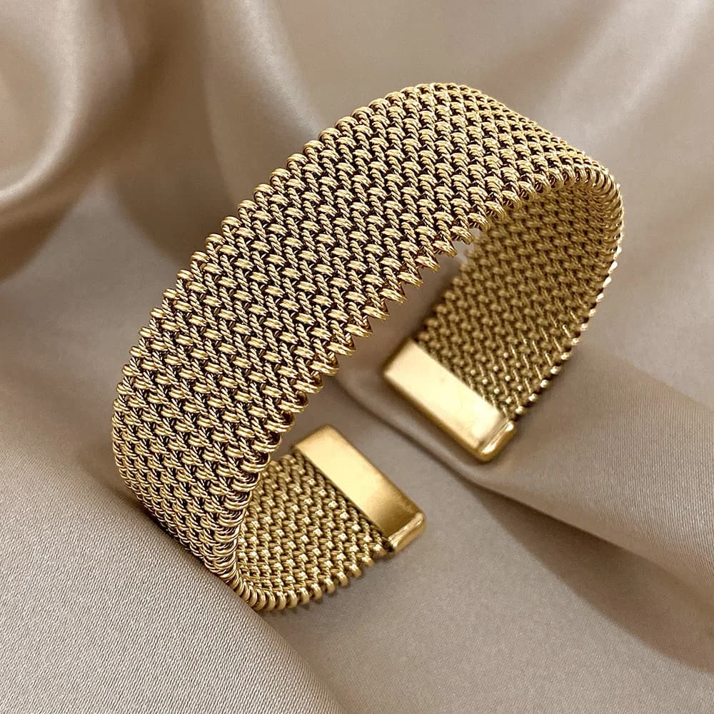 Bracelets manchette doré tissés Vintage pour femmes, élégants, tendance, en acier inoxydable, épais,