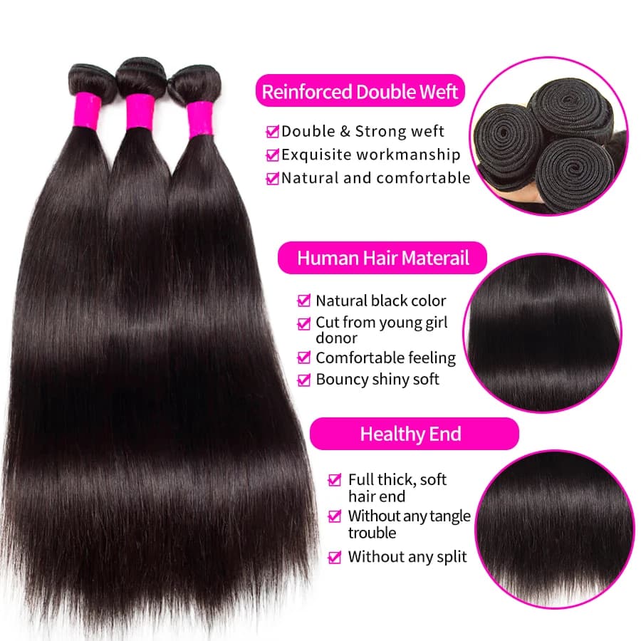Extensions de cheveux humains vierges brésiliens lisses 12A non traités, double trame, 14-30 pouces