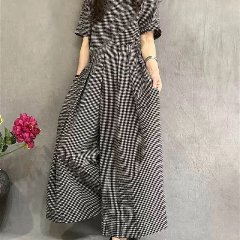 Combinaisons femmes coton lin manches courtes combishorts une pièce tenue femmes à lacets taille hau