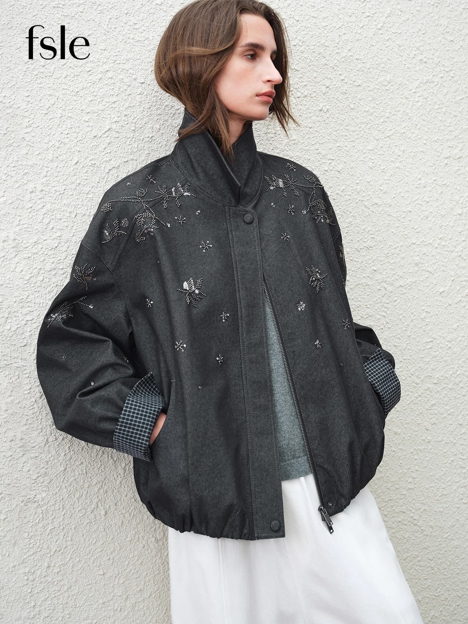 FSLE 【Série Premium】 2026 Manteau pour femme perlé à col en cuir, à manches longues, coupe ample, de