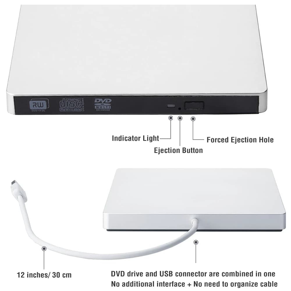 Lecteur externe DVD RW CD AMPA ER mince, graveur USB/type-c 3.0, lecteur optique pour ordinateur por
