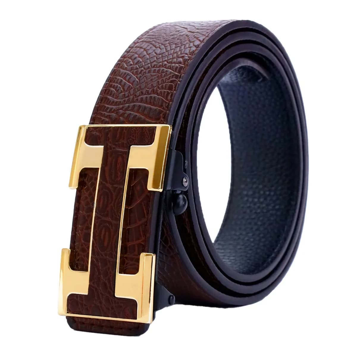 Ceinture élégante à boucle automatique pour hommes – Véritable motif carré texturé en faux, noir, de