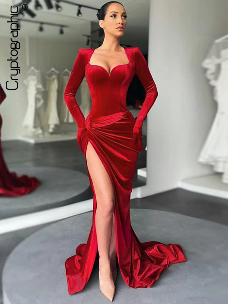 Robe longue cryptographique élégante, tenue de soirée pour femmes, manches gants, velours, fente Sex