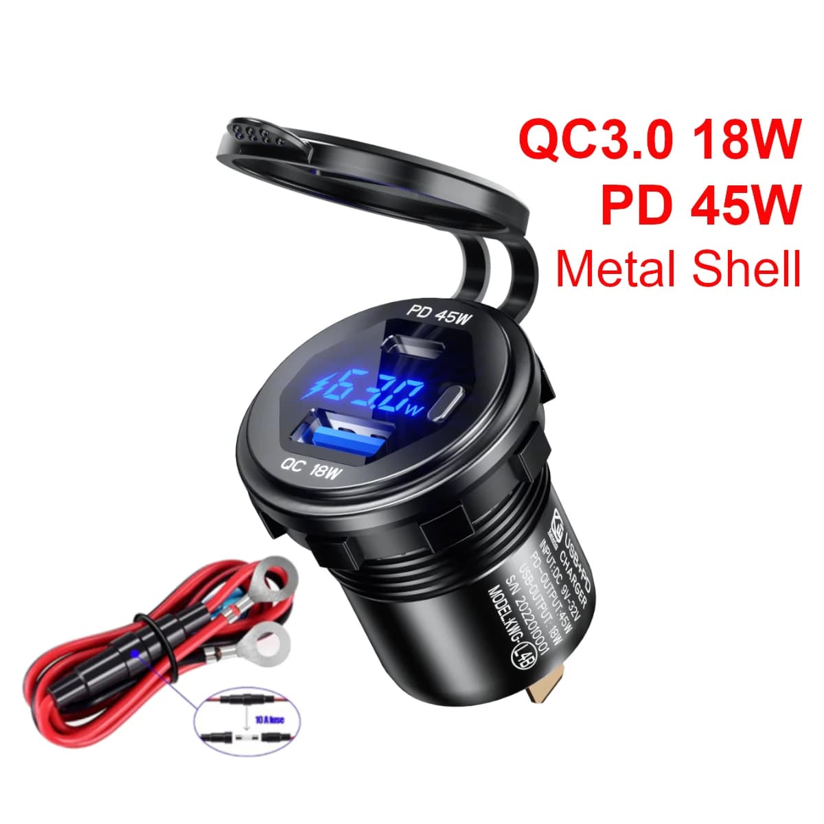 Prise de chargeur de voiture USB 45W type-c PD QC3.0, 12V 24V, Charge rapide, interrupteur de voltmè