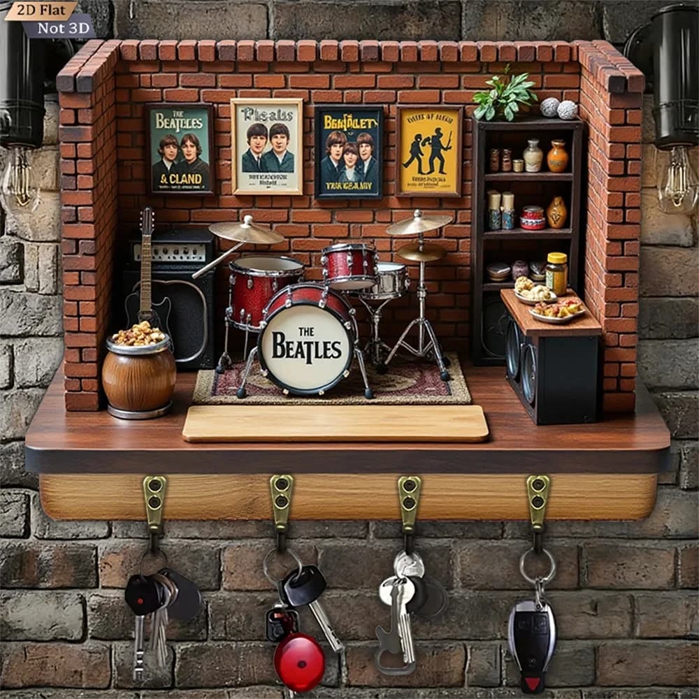 Porte-clés plat 2D, 1 pièce, style rock rétro, porte-clés multifonctionnel en bois pour la maison, a
