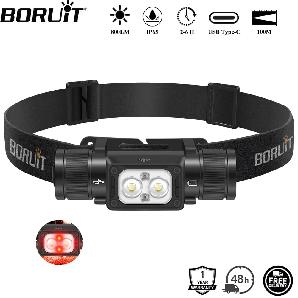 BORUiT HP340 800LM LED lampe frontale puissante type-c rechargeable phare étanche Camping pêche tête