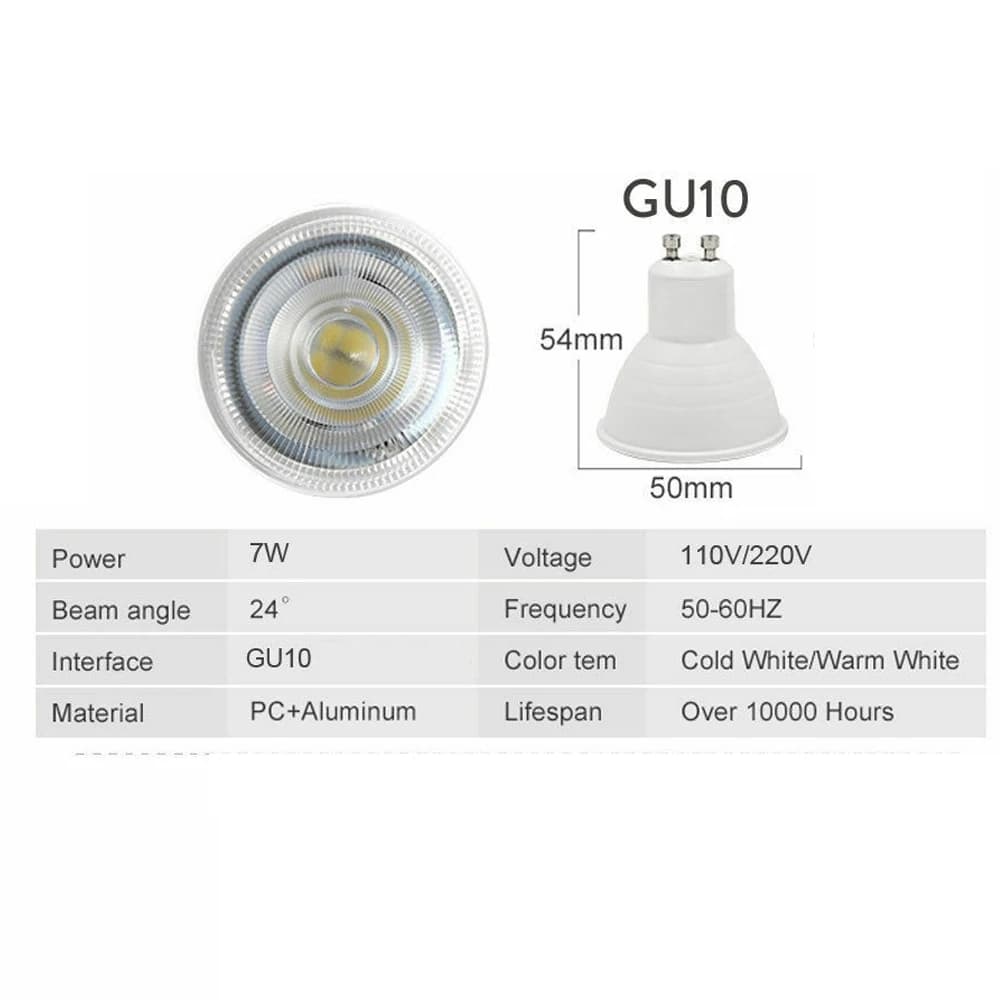 Ampoules de projecteur LED GU10 à intensité variable, Angle de faisceau de 24 degrés COB 7W 110V 220