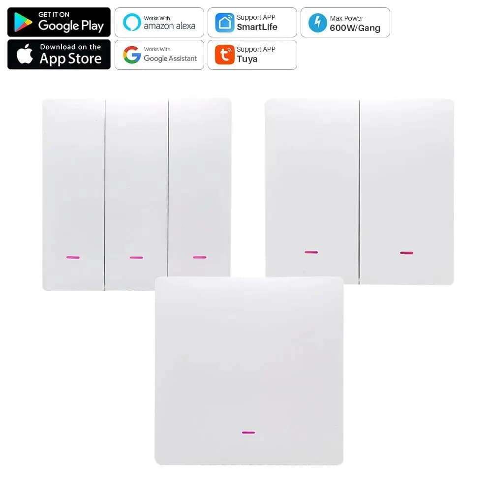 Tuya Smart WiFi Button Switch, Aucun fil melon al requis, 1/2/3 Gang Wall Light, Smart Home Support,