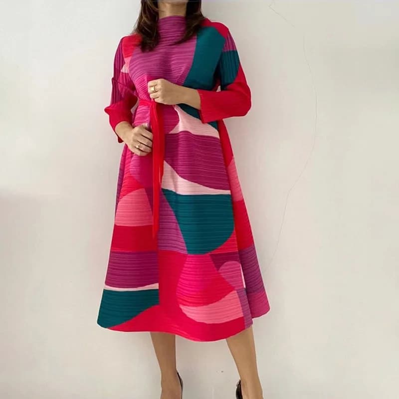 Robe plissée à motif géométrique pour femme, avec ceinture et ceinture, surdimensionnée, longue, dou