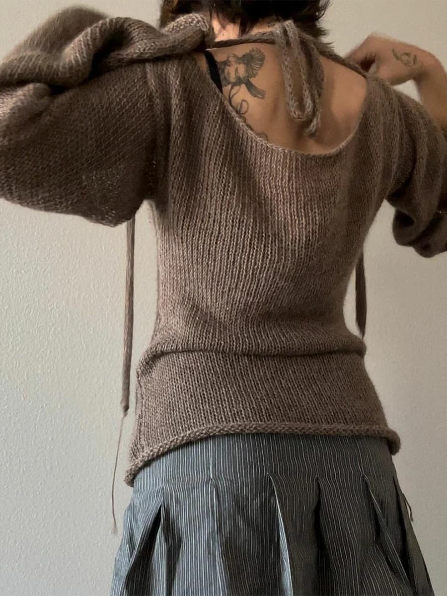 Mode femmes T-shirt cravate dos chandails à manches longues col bateau couleur unie tricot pull déco