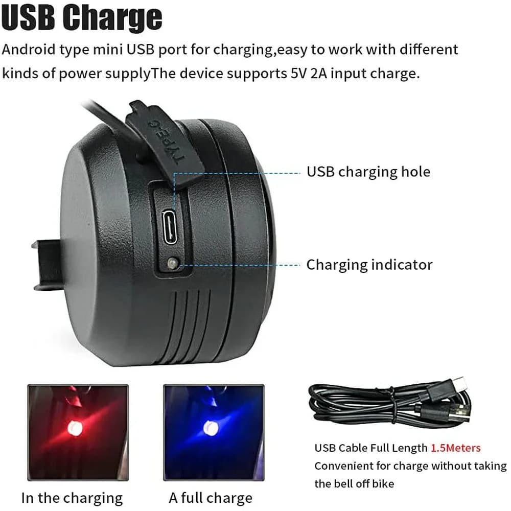 125db USB rechargé vélo cloche électrique moto Scooter vélo électrique klaxon sûr antivol alarme clo