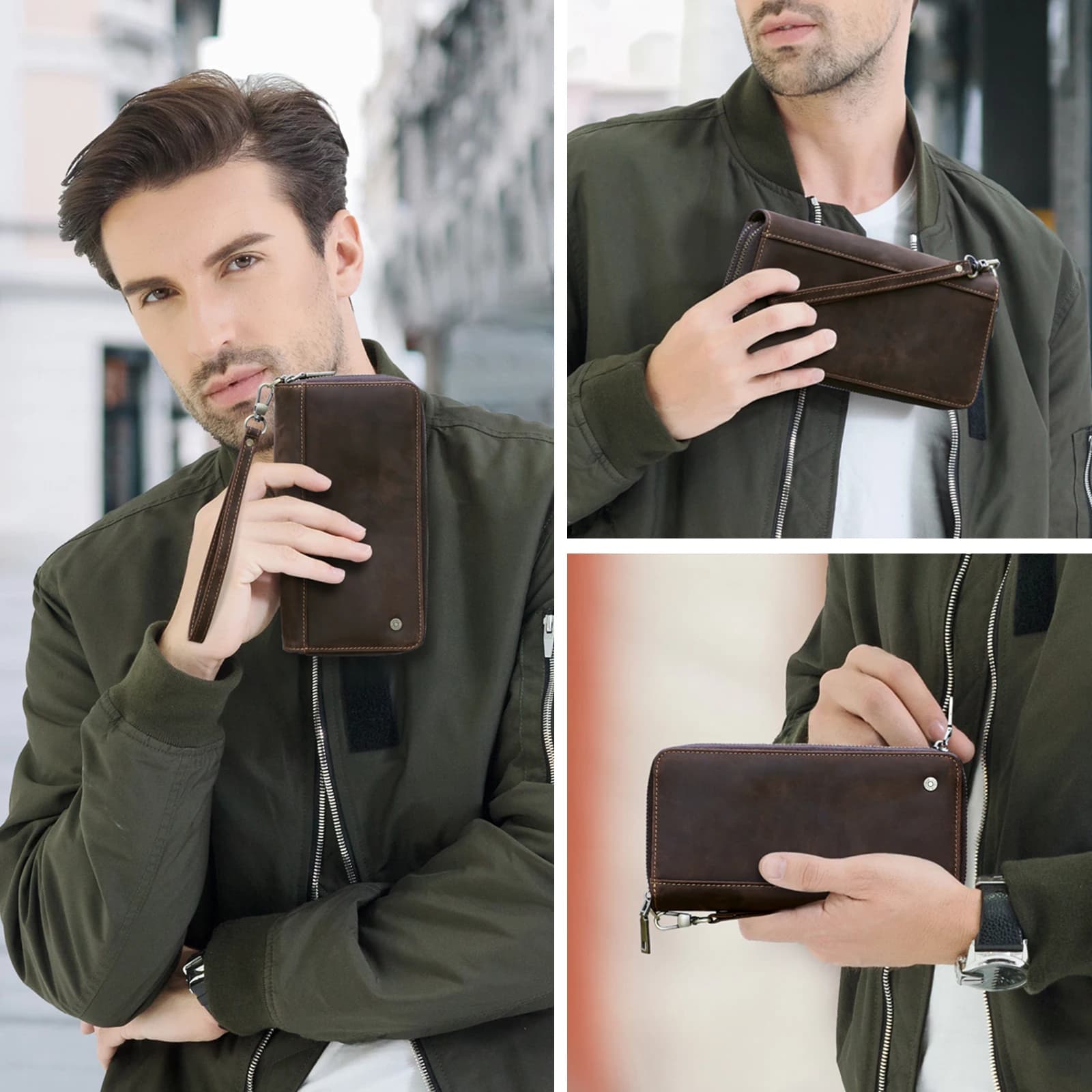 Portefeuille en cuir véritable pour hommes, pochette porte-cartes, portefeuilles longs, double ferme