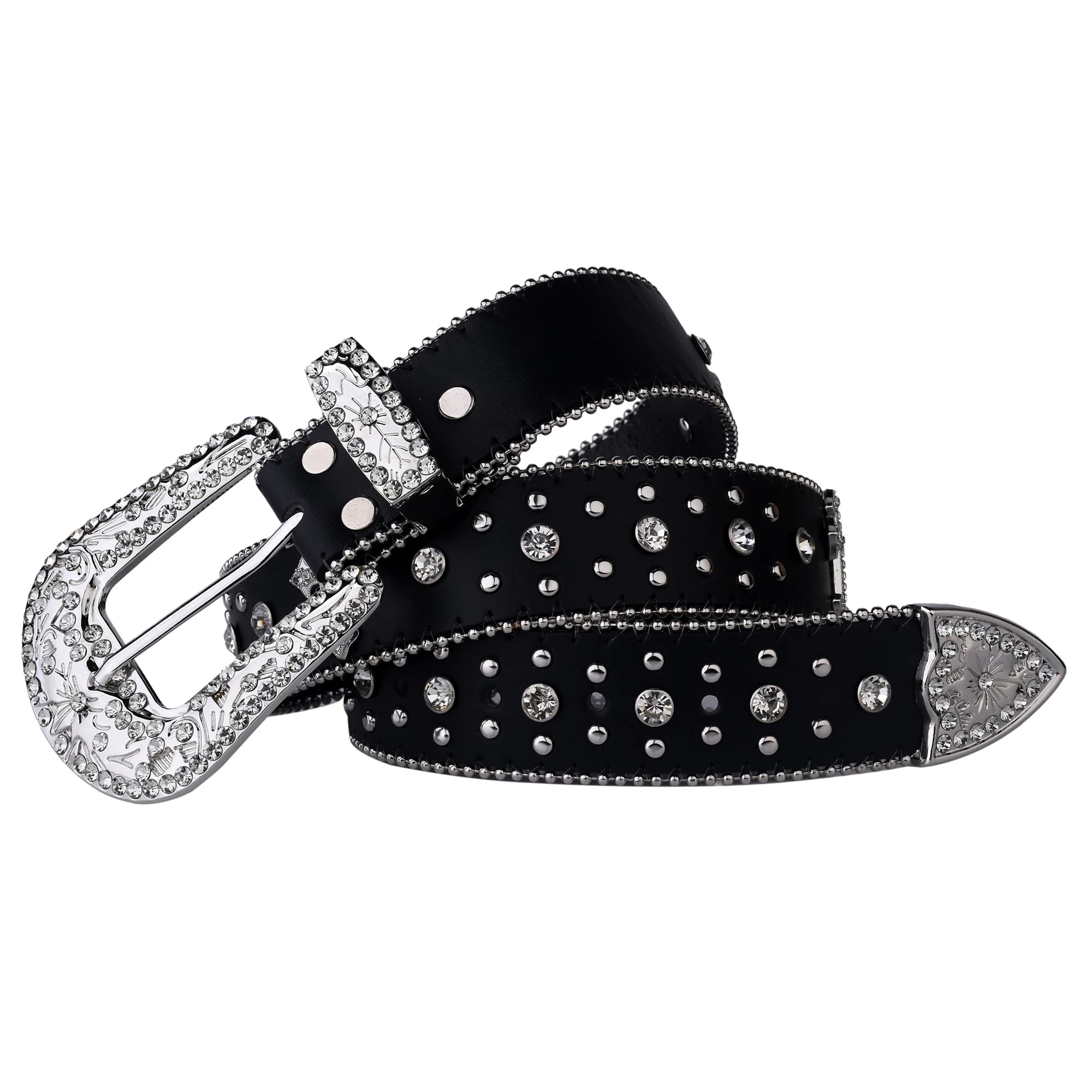 Ceinture à rivets croisés noirs, boucle gravée, décor en strass, ceinture en PU, Hip Hop, pantalon e