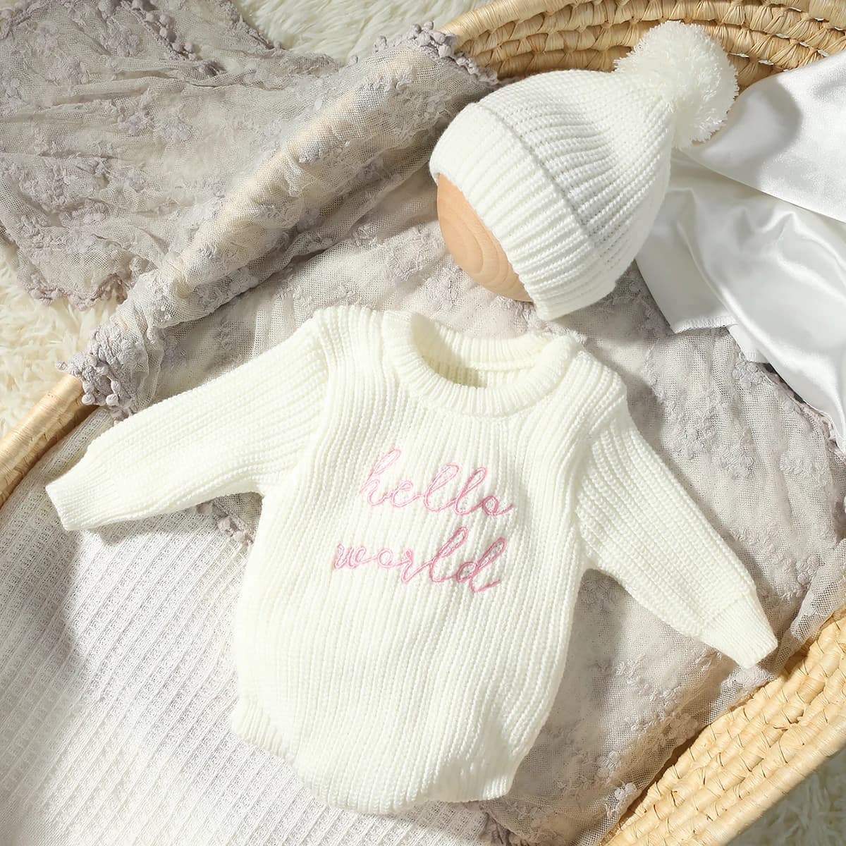 Ylsteed Hello World tricot nouveau-né photographie barboteuse avec chapeau à pompon assorti bébé gar