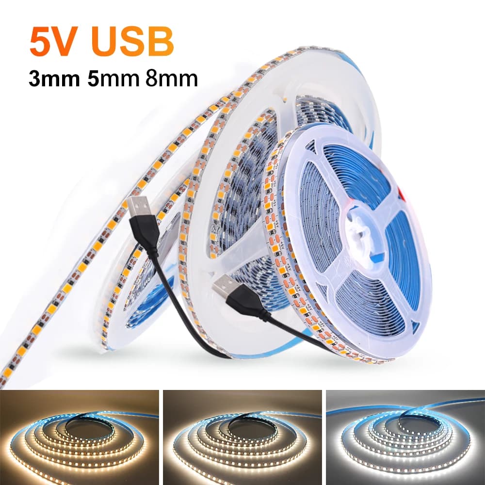 Bande lumineuse LED USB à intensité variable, DC5V, 3MM, 5MM, 8MM, largeur PCB, corde Flexible, 2835