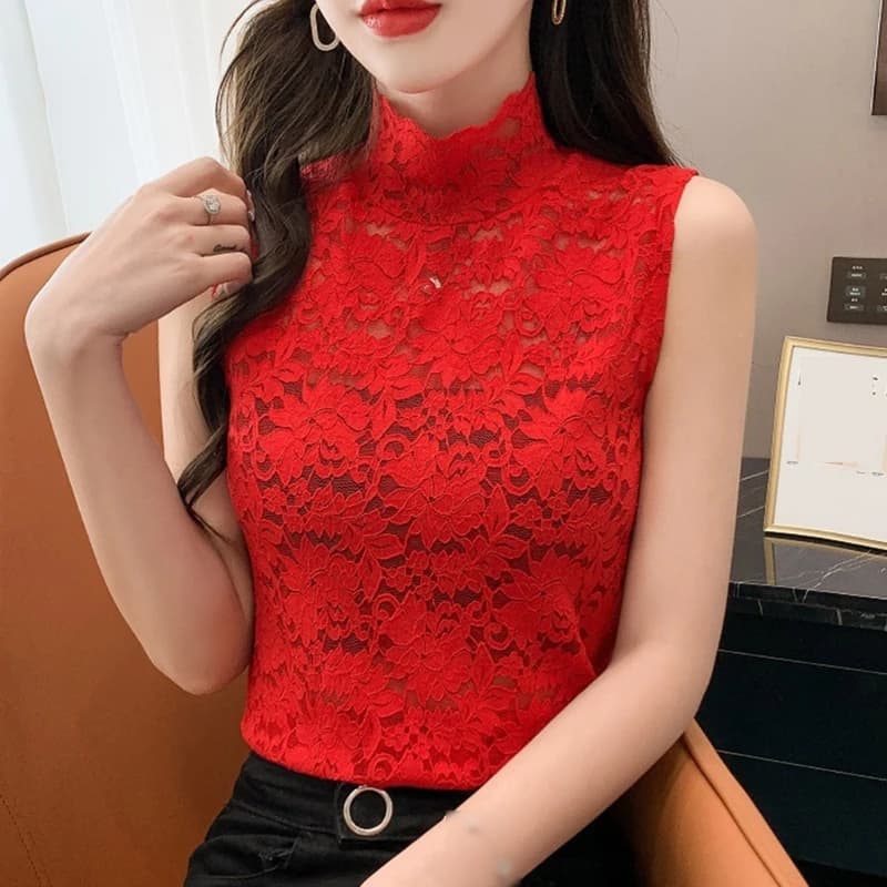 Haut ajusté en dentelle à col roulé pour femmes, tunique sexy, t-shirts pour femmes, bas précieux