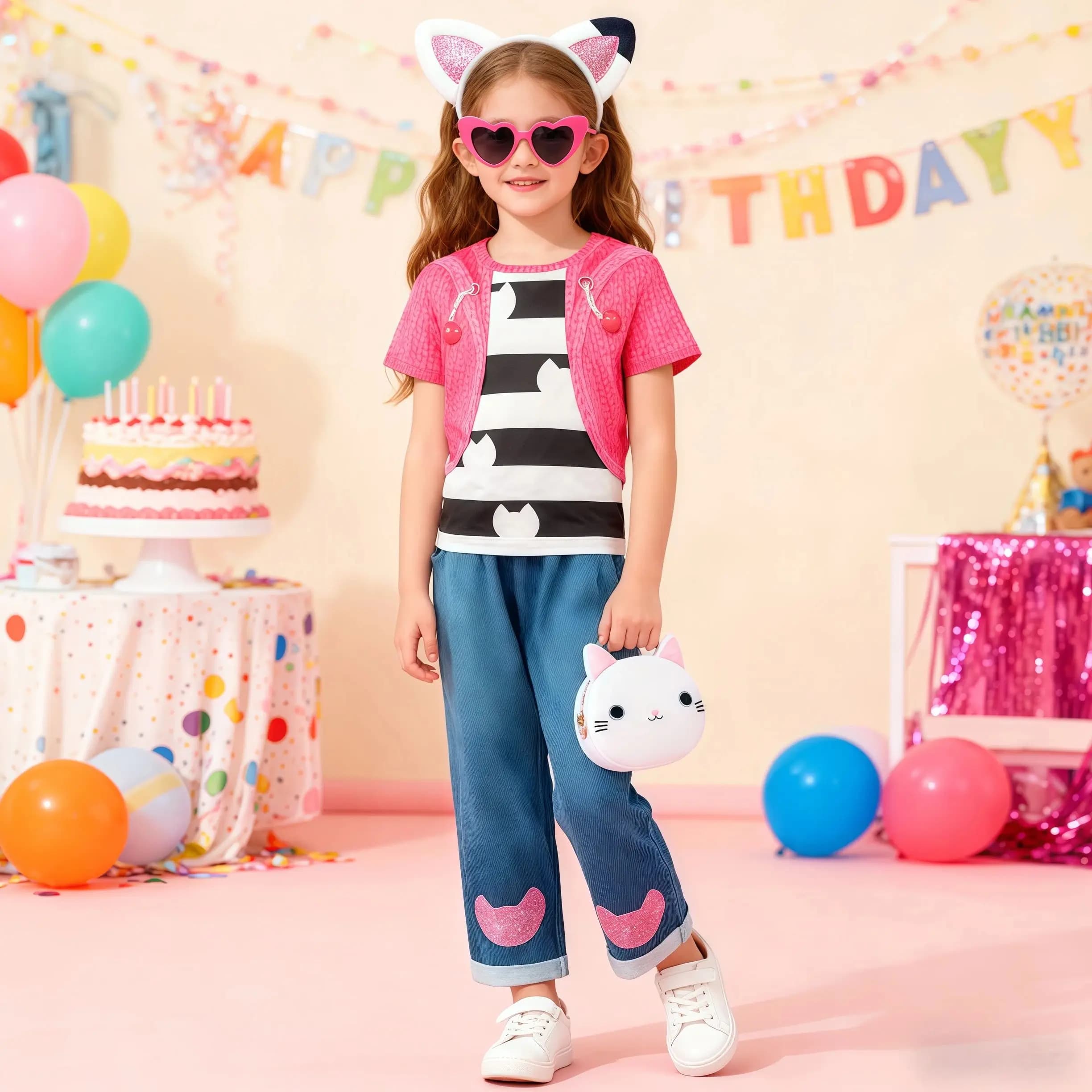 Hauts de chat rayés Gabby pour enfants, avec pantalon, accessoire pour petite fille, fête d'annivers