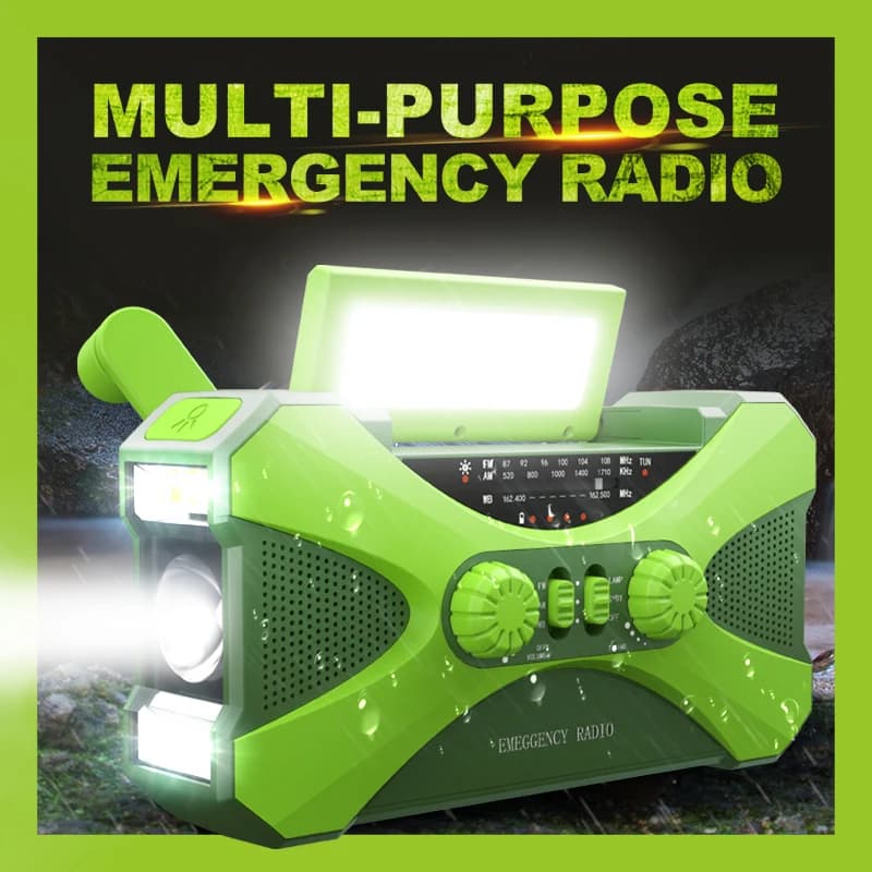 Radio multifonctionnelle à manivelle solaire, charge USB, radio météo, lampe de poche LED d'urgence,