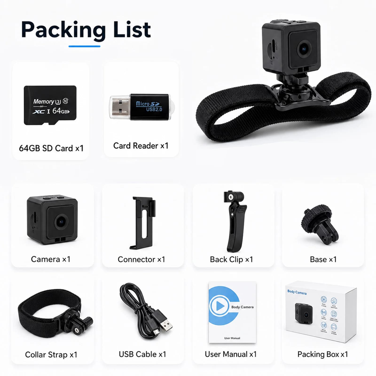 Collier caméra pour animaux de compagnie avec carte SD 64 Go, caméra POV HD 1080P, mini caméra d'act