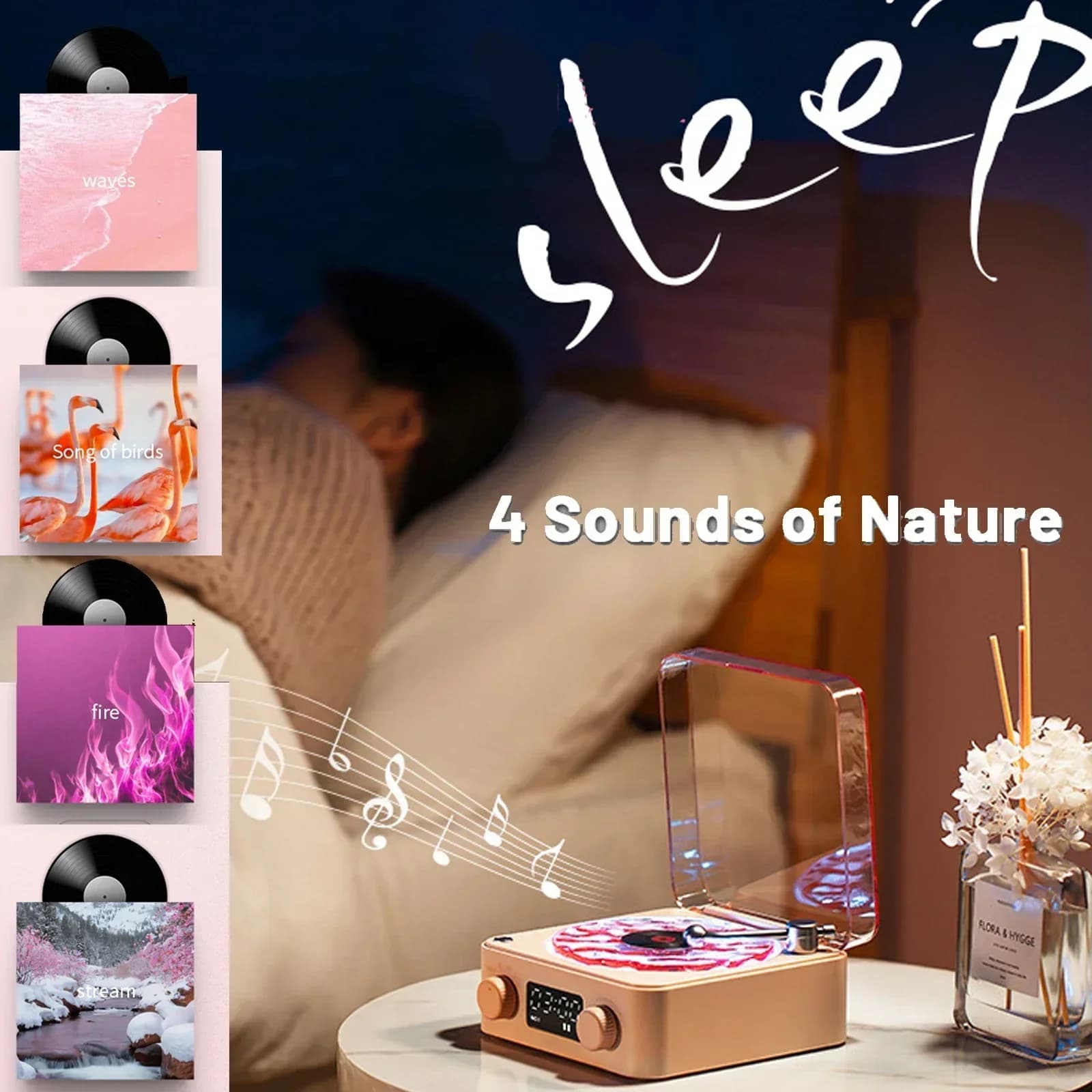 Lecteur vinyle Waves, haut-parleur Bluetooth avec bruit blanc, haut-parleur rétro, aide au sommeil, 