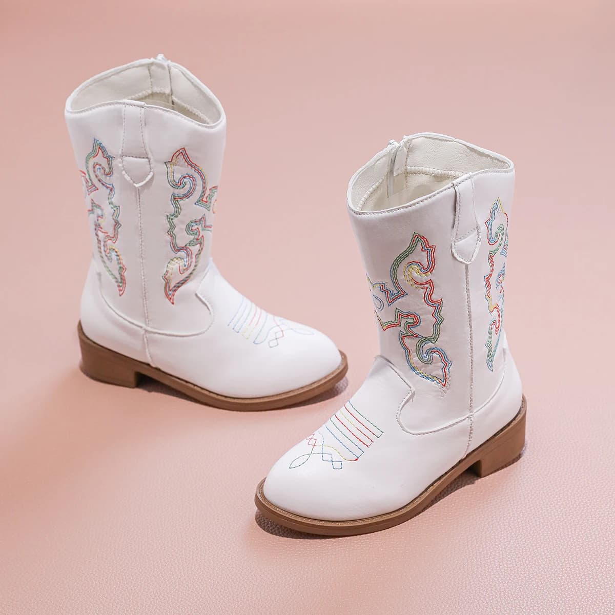 Bottines de Cowboy en PU pour filles, mi-mollet, antidérapantes, fermeture éclair latérale, simples,