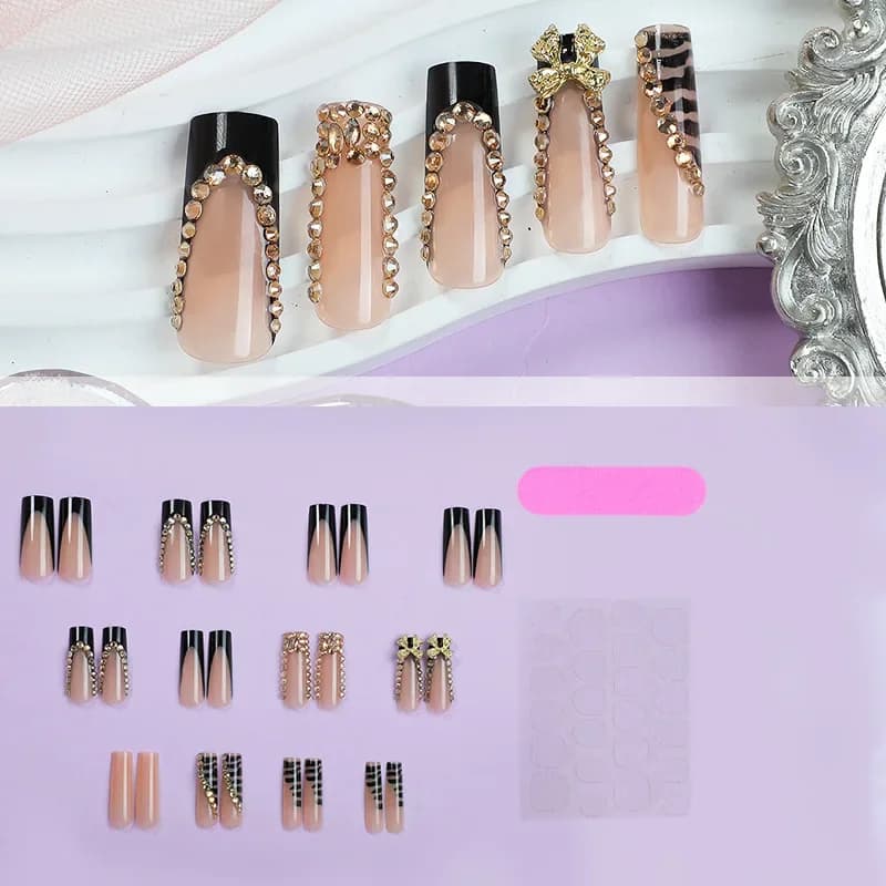 24 pièces noir français presse sur faux ongles diamants arc conception faux ongles élégant paillette