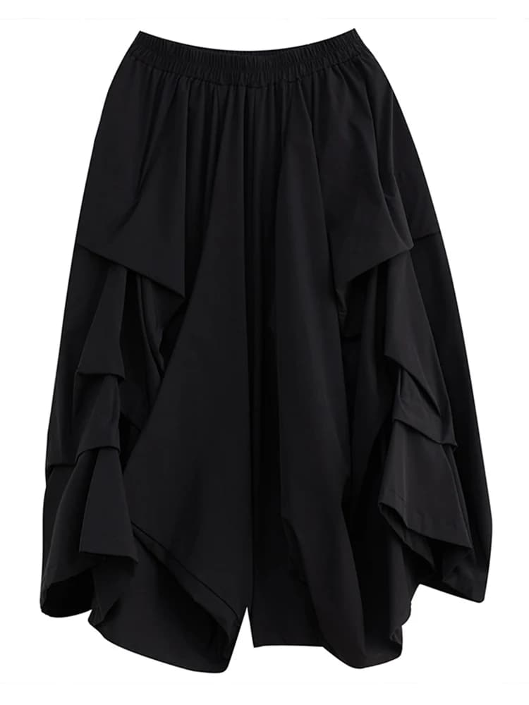 Pantalon à jambes larges drapé pour femme, taille haute élastique, noir, vintage, décontracté, poche