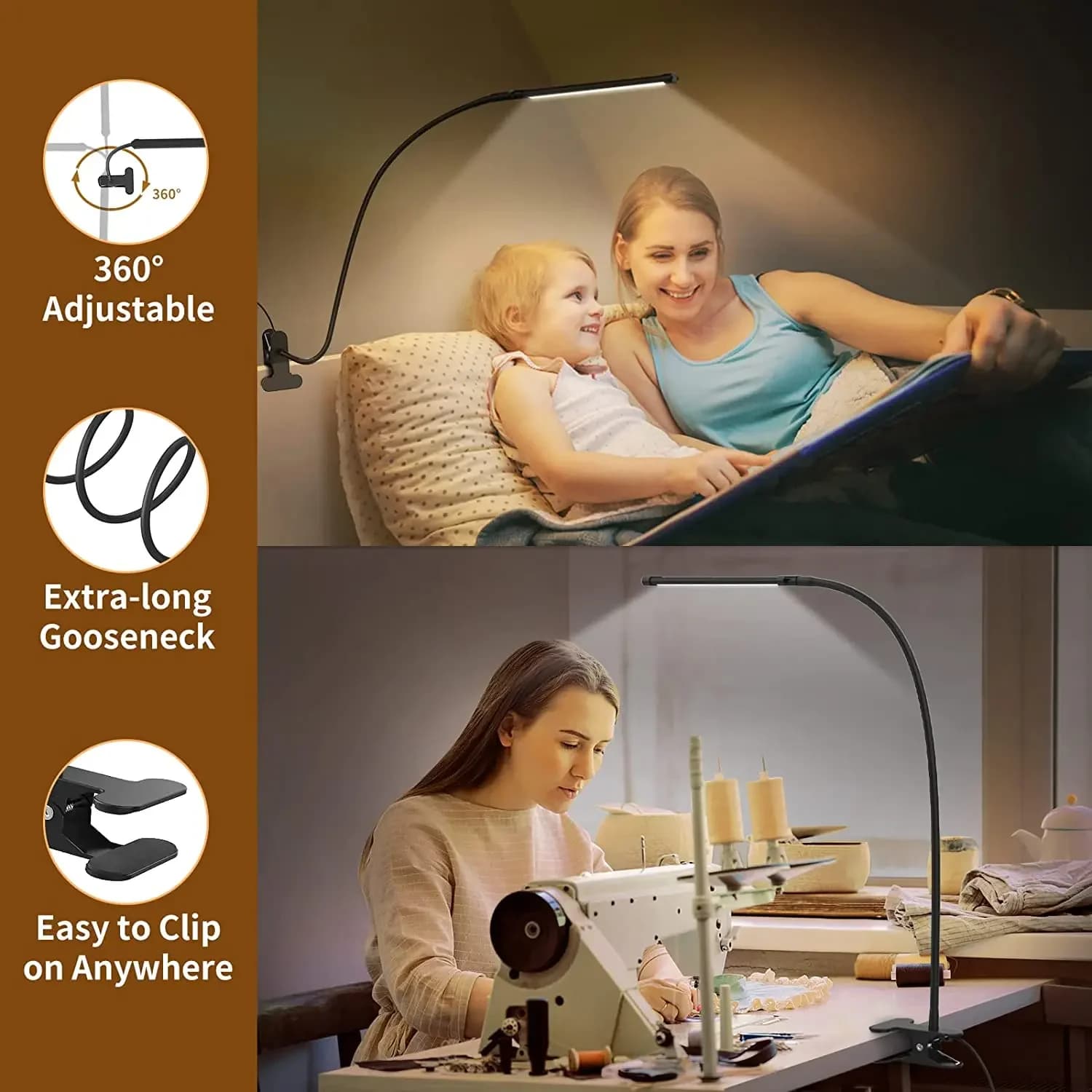 Lampe de bureau LED à clipser, lampe de lecture à intensité variable, soin des yeux, USB 360 ° Pince