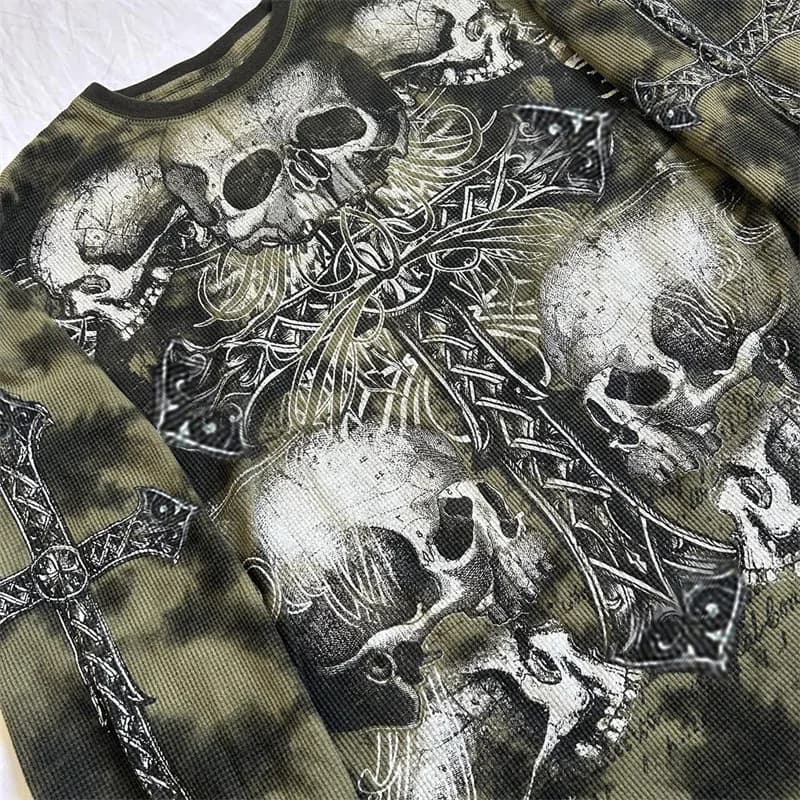 Y2k gothique Grunge croix crâne imprimé T-shirt pour femmes automne à manches longues 90s E fille Vi