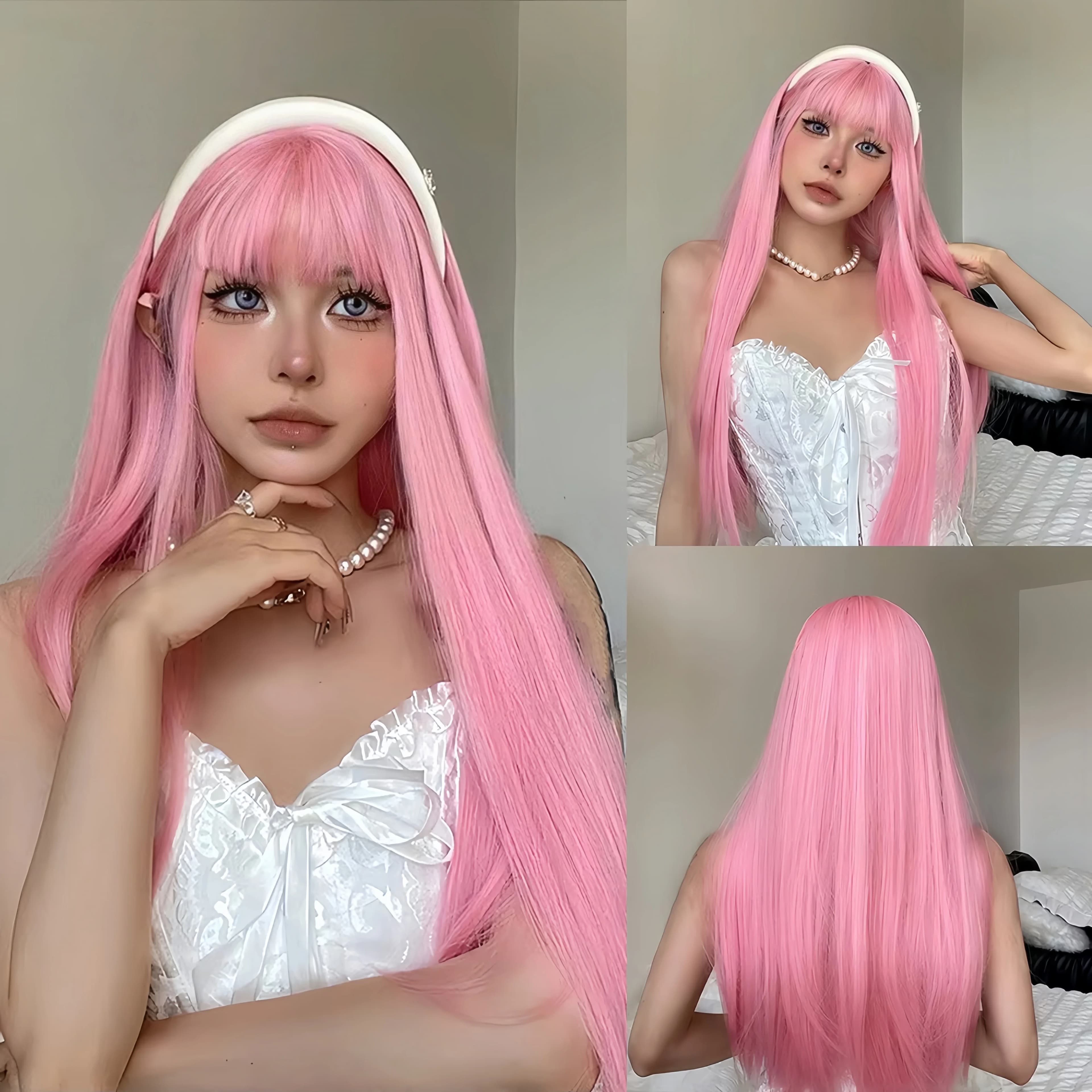 Perruque synthétique longue et lisse rose clair pour fête costumée de cosplay d'Halloween, usage quo