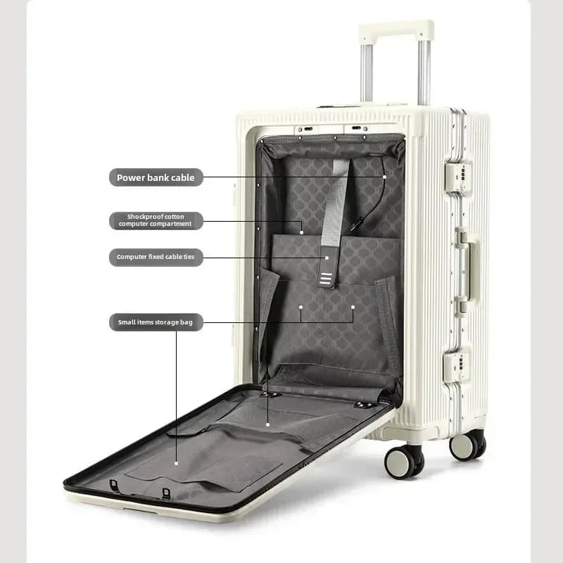 Valise à bagages roulante de grande capacité, ouverture frontale, cadre en aluminium ABS + boîtier d