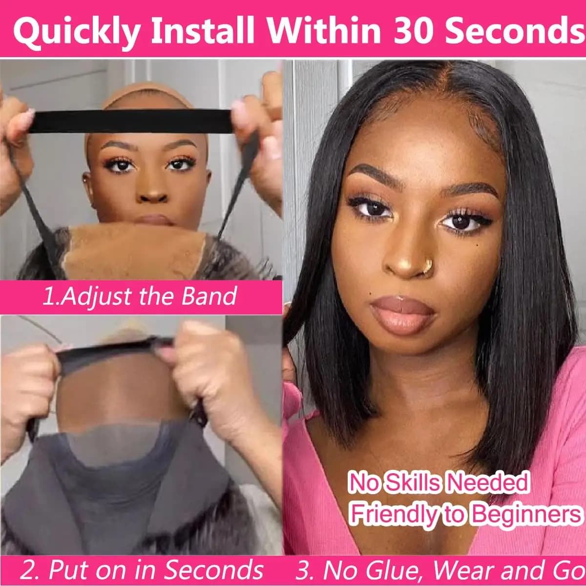 Wear And Go perruques sans colle cheveux humains Bob droite pré-coupée dentelle avant perruques chev