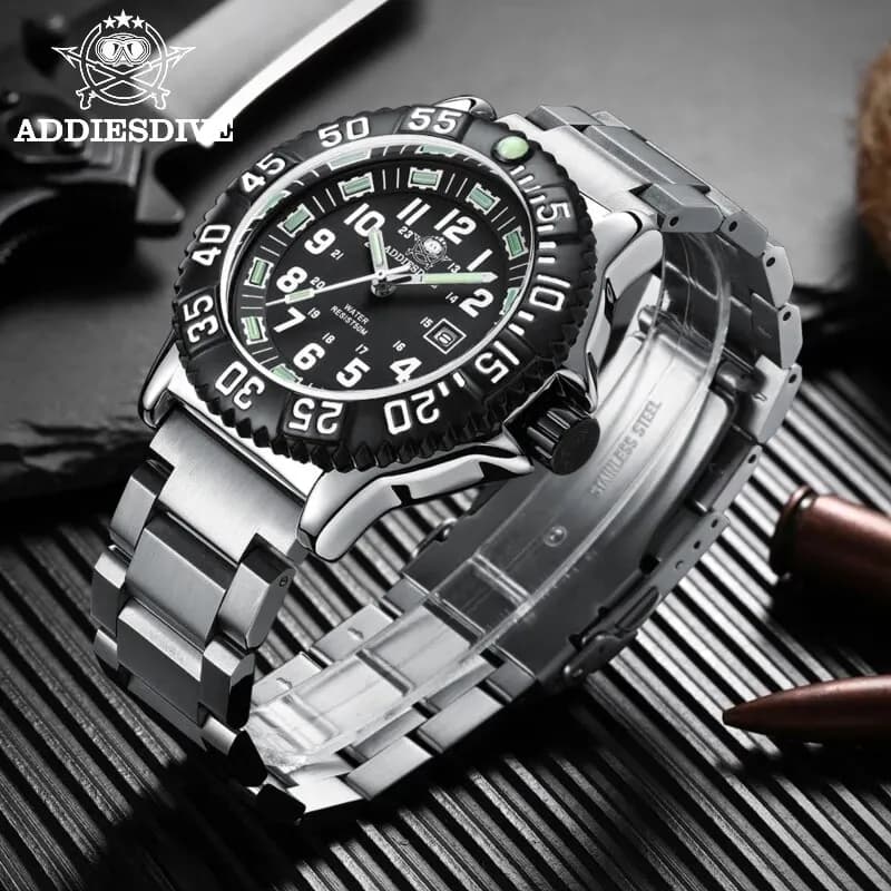 Addies Dive-Montre à quartz décontractée pour homme, affichage du calendrier, étanche 50m, tube, cad
