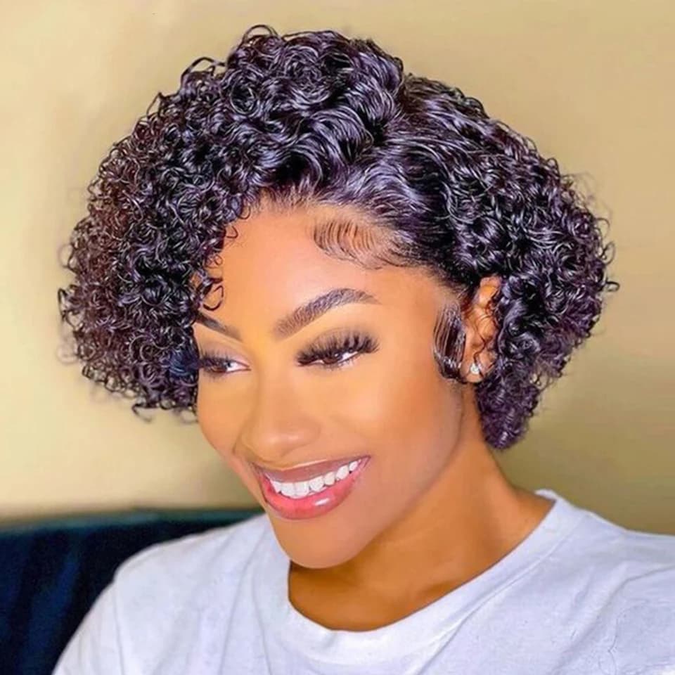 Perruque Bob courte coupe lutin perruque cheveux humains bouclés perruques pour femmes 13x6x1 dentel